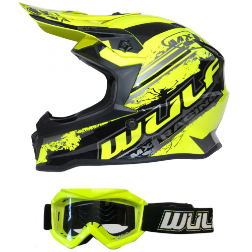 Wulf Kinder Cross Brille + Helm Off Road Pro S (47-48cm) gelb Motorrad Quad Bike Enduro MX BMX Helm